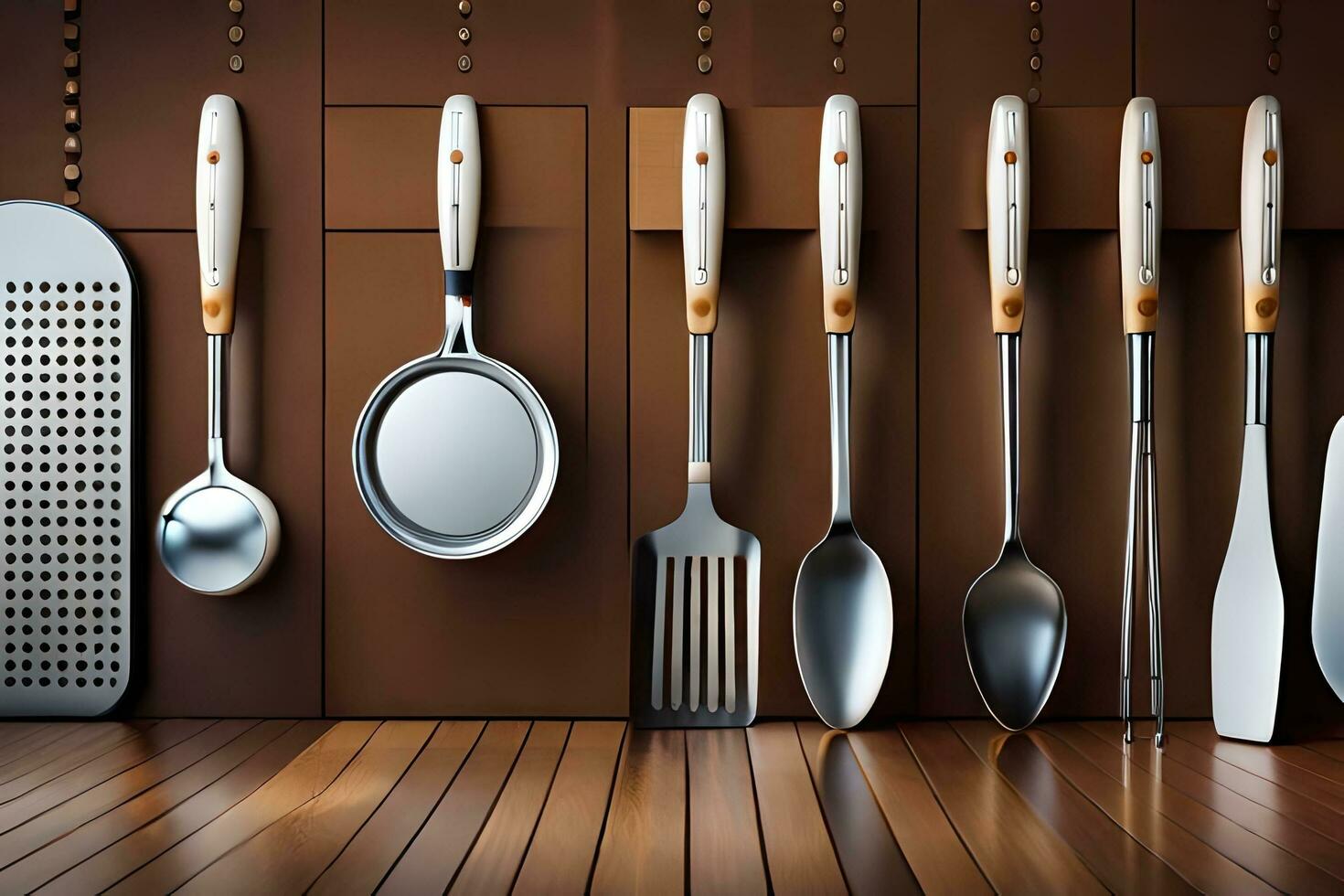 kitchen utensils on wooden shelf. AI-Generated photo