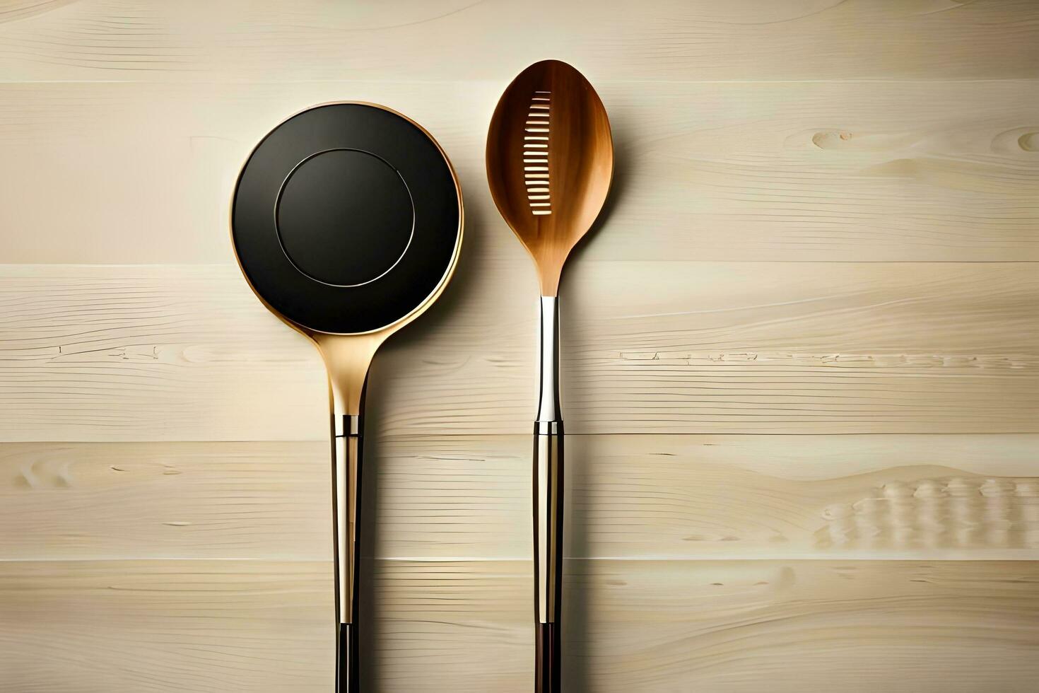 two spoons with wooden handles on a wooden table. AI-Generated photo