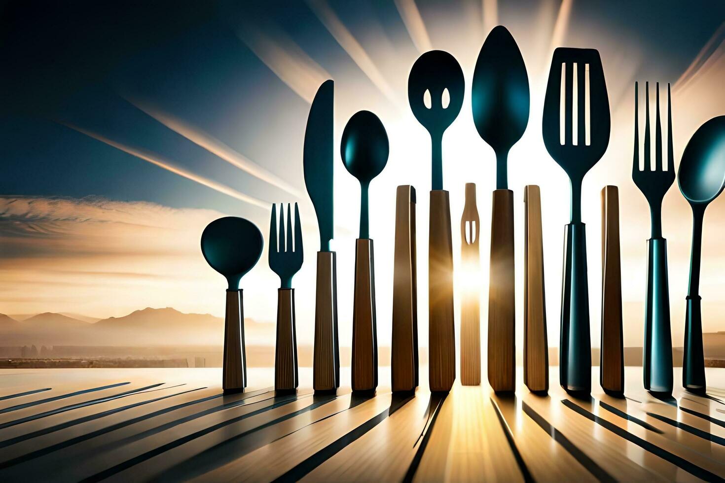 a group of utensils are arranged in a line. AI-Generated photo