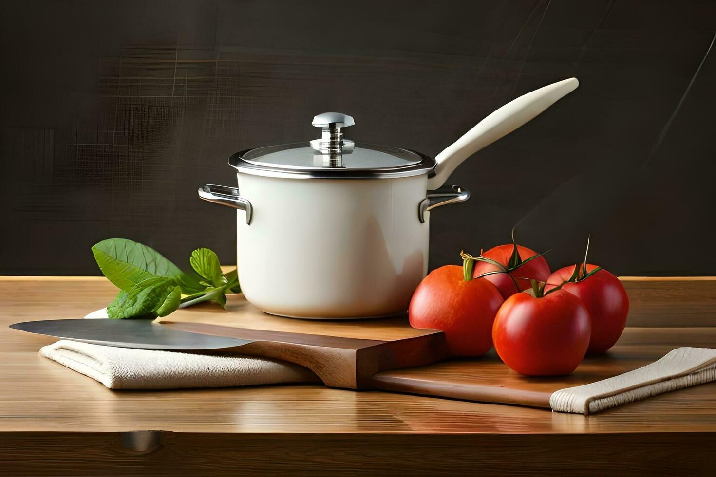 a white saucepan and knife on a wooden table. AI-Generated photo