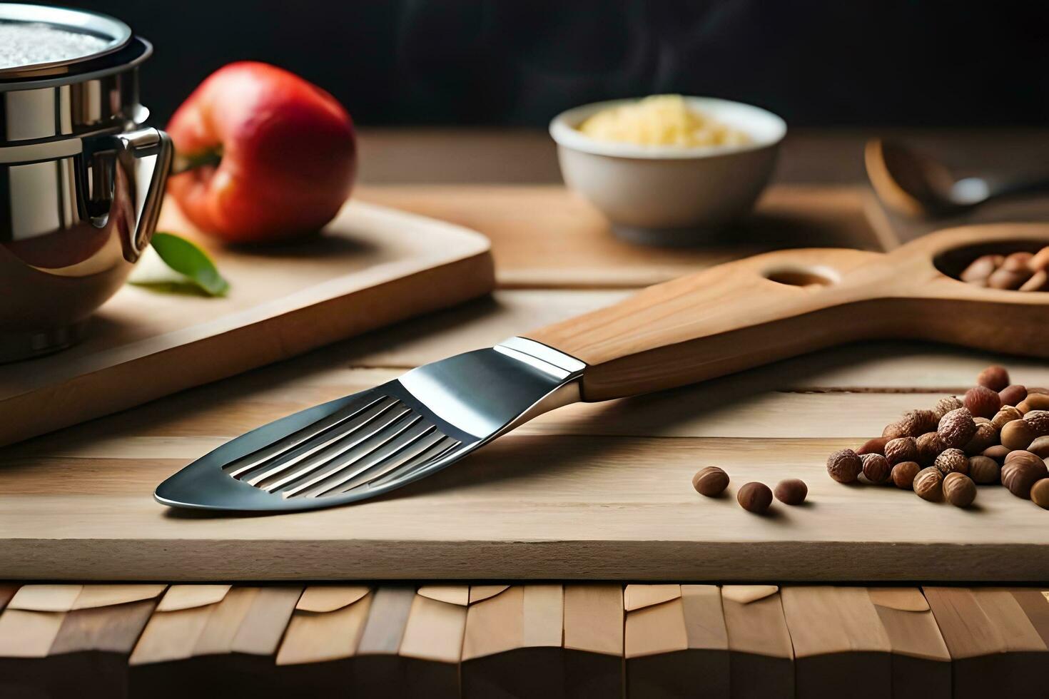 un de madera corte tablero con un cuchillo y un cuchara. generado por ai foto