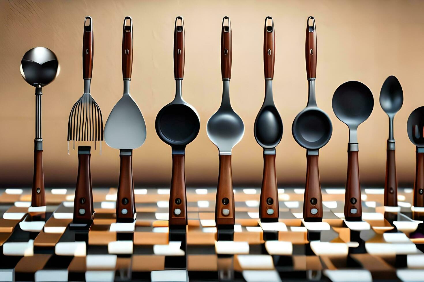 a collection of spoons and forks on a checkered table. AI-Generated photo