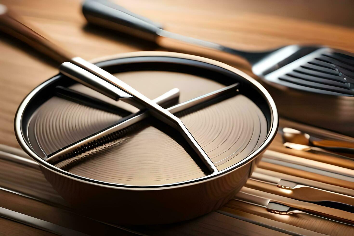 a pan with a knife and spatula sitting on top of a wooden table. AI-Generated photo