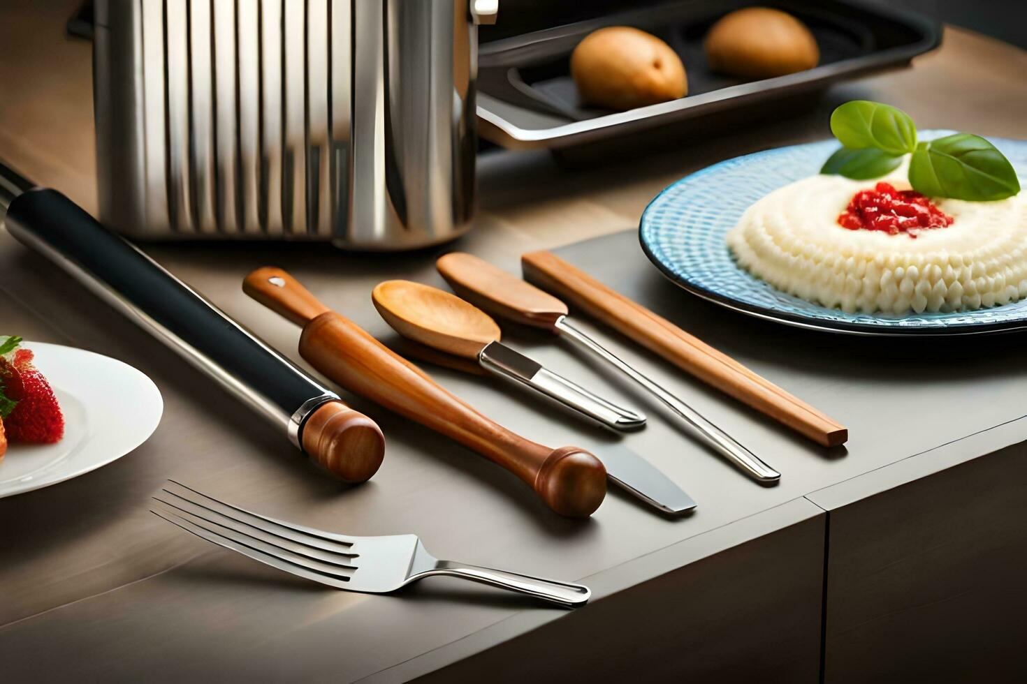 a kitchen table with utensils and a cake. AI-Generated photo