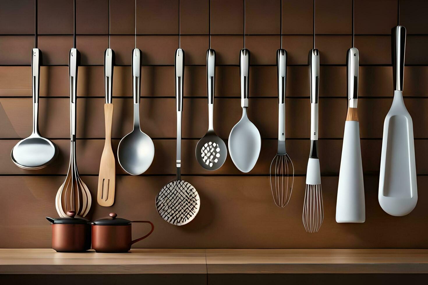 a wall of kitchen utensils hanging on a wooden shelf. AI-Generated photo