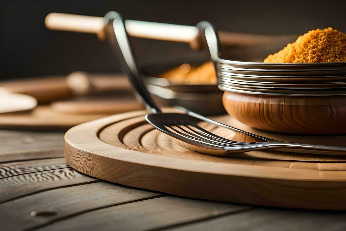 a wooden cutting board with a bowl of spices. AI-Generated photo