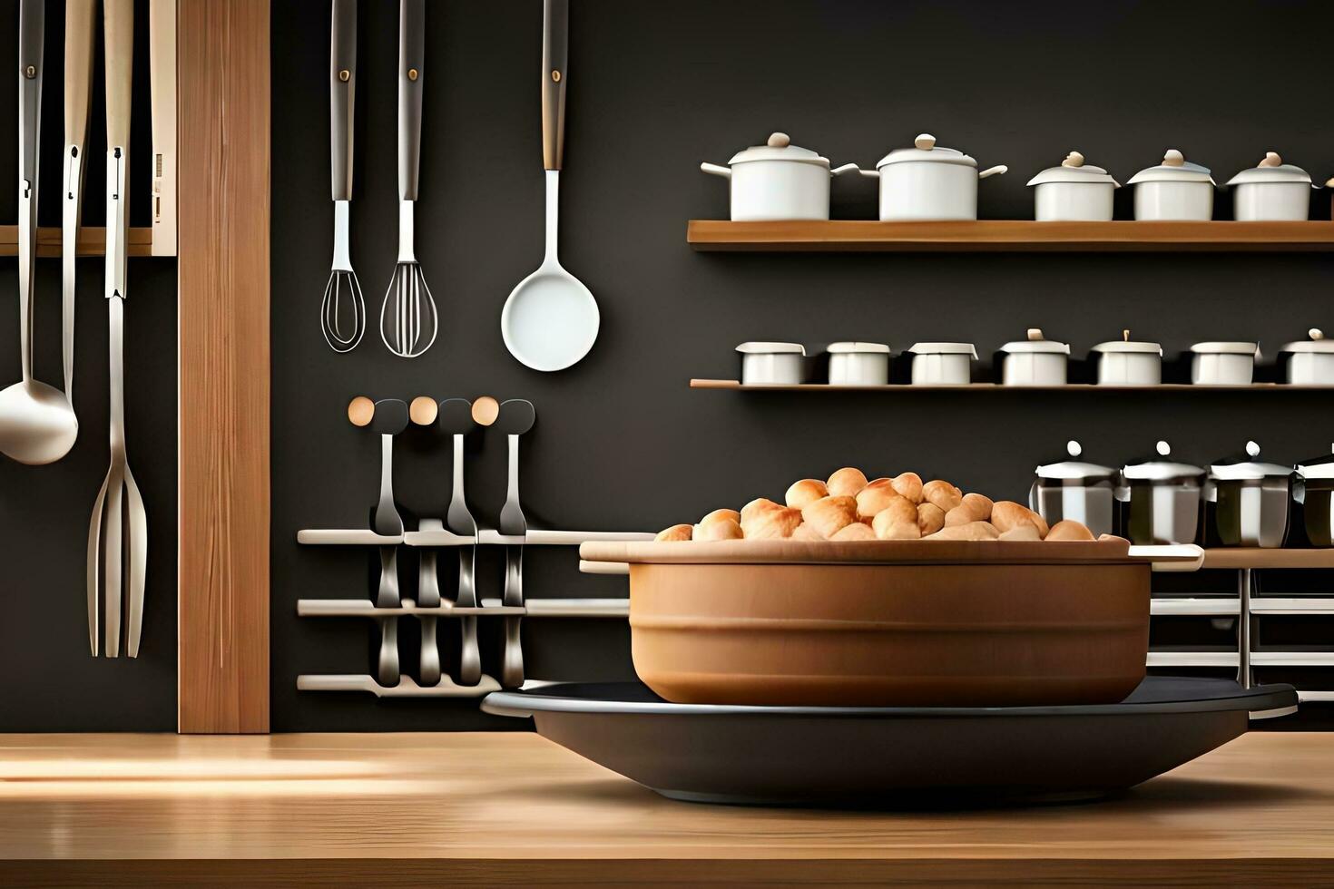 a kitchen with a pot on top of a shelf. AI-Generated photo