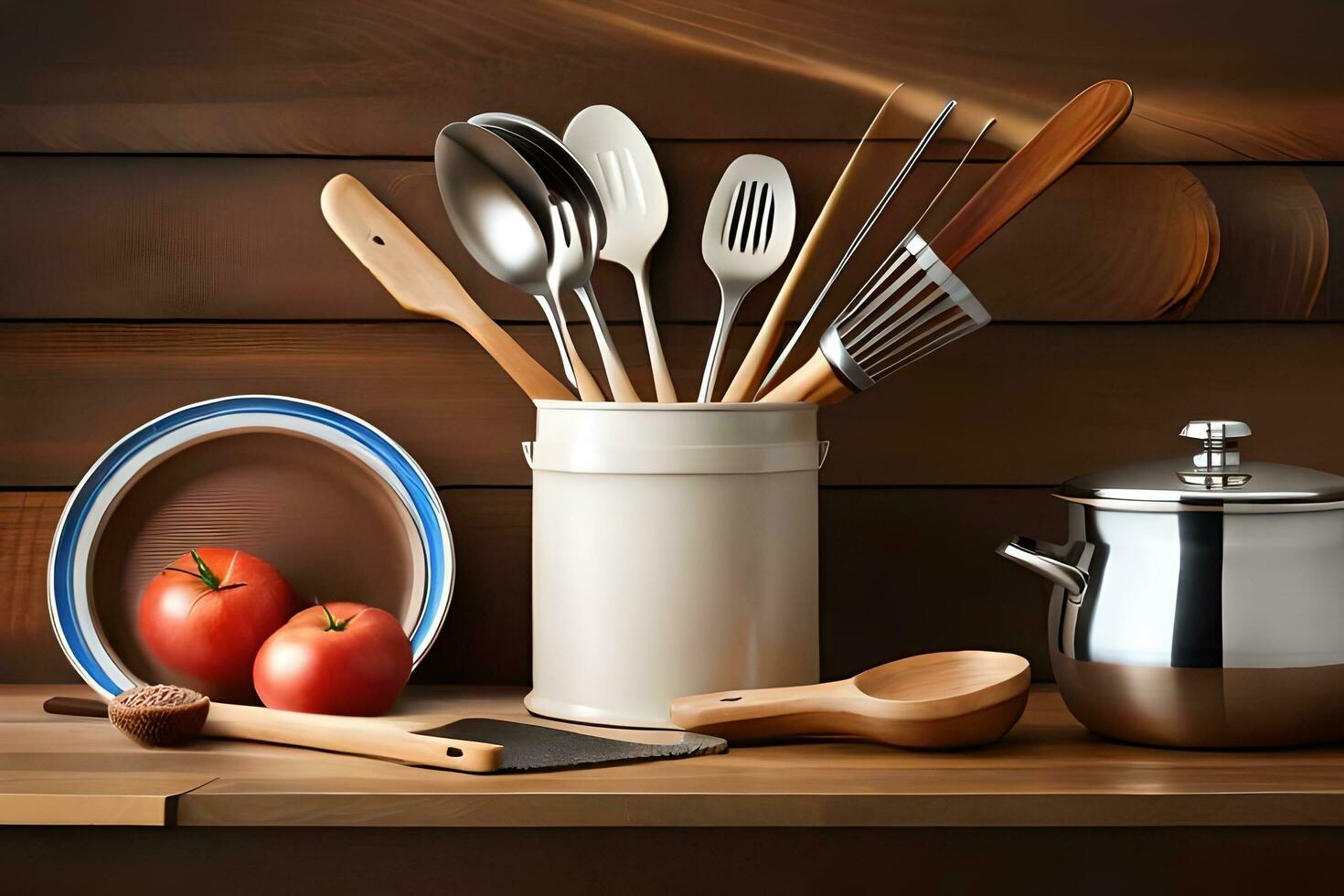 kitchen utensils on a shelf. AI-Generated photo