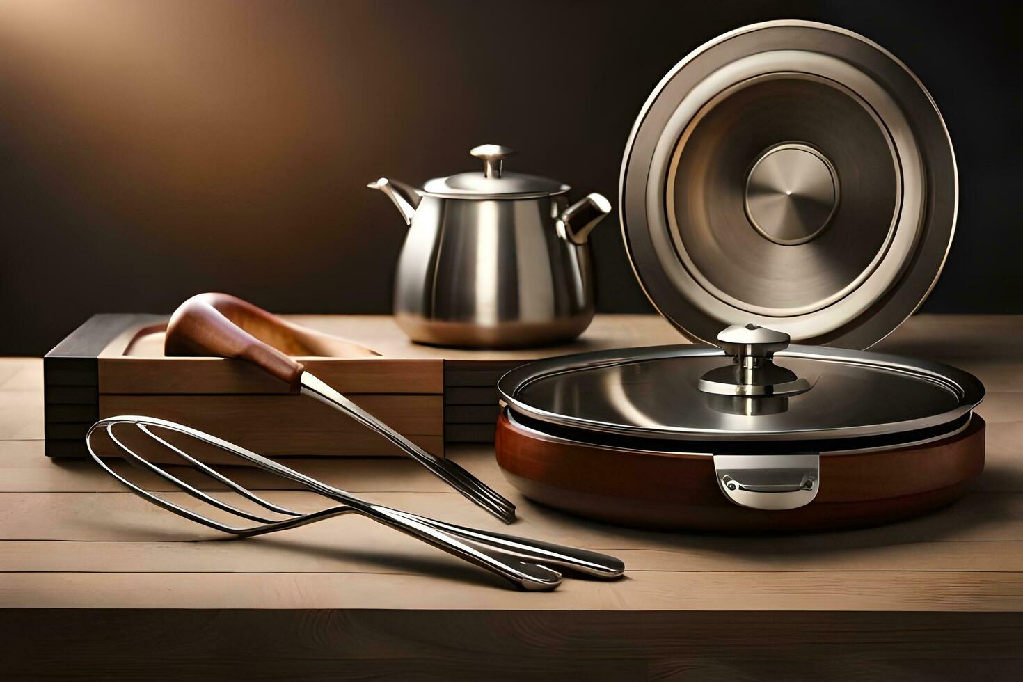 a set of kitchen utensils on a wooden table. AI-Generated photo