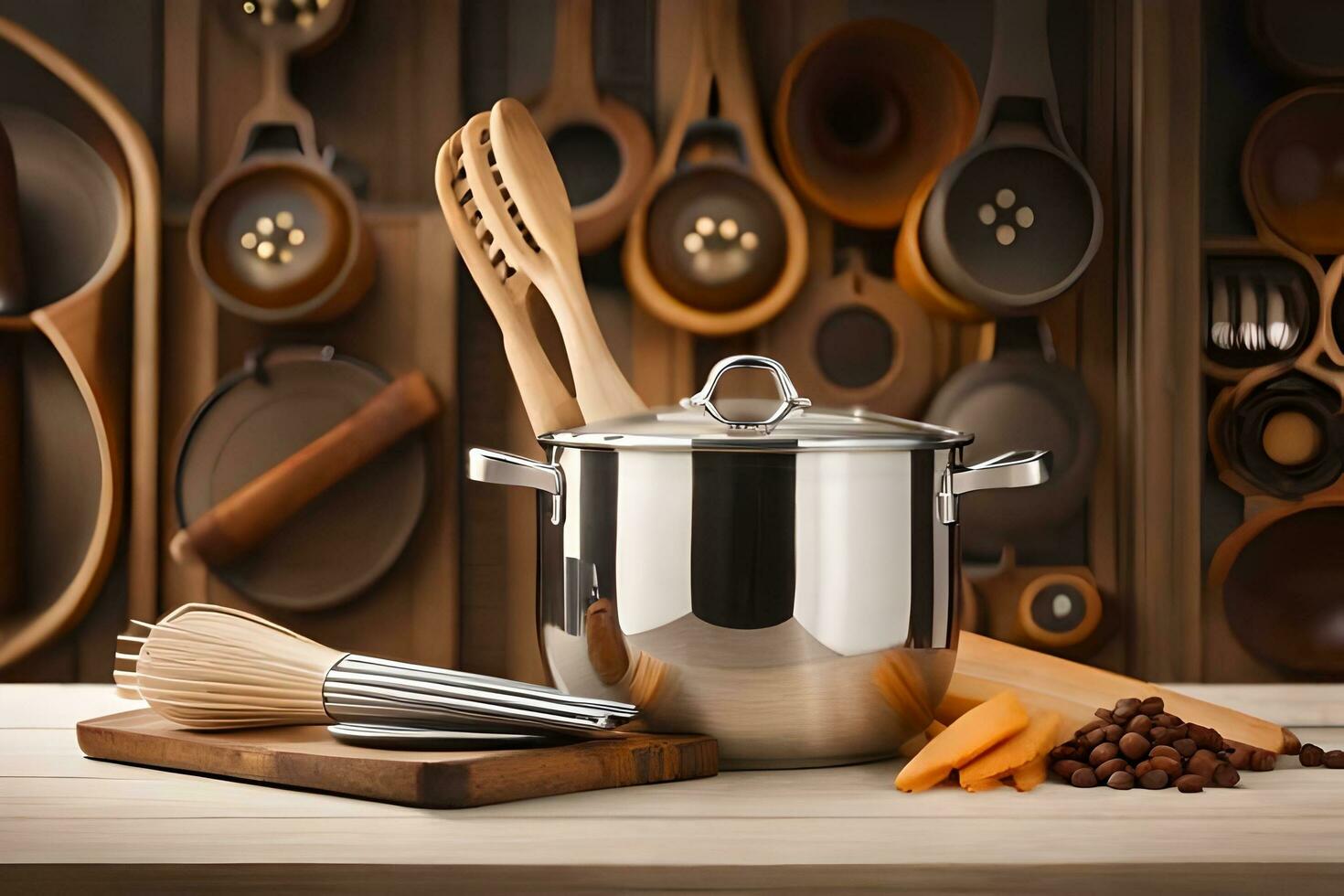 a kitchen utensil is sitting on a wooden table. AI-Generated photo