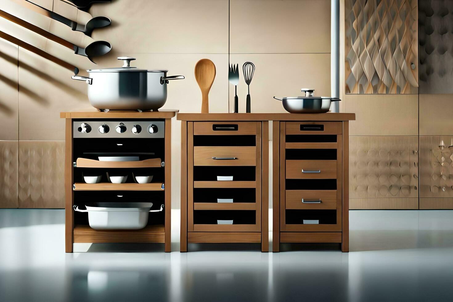 a kitchen with a wooden cabinet and utensils. AI-Generated photo