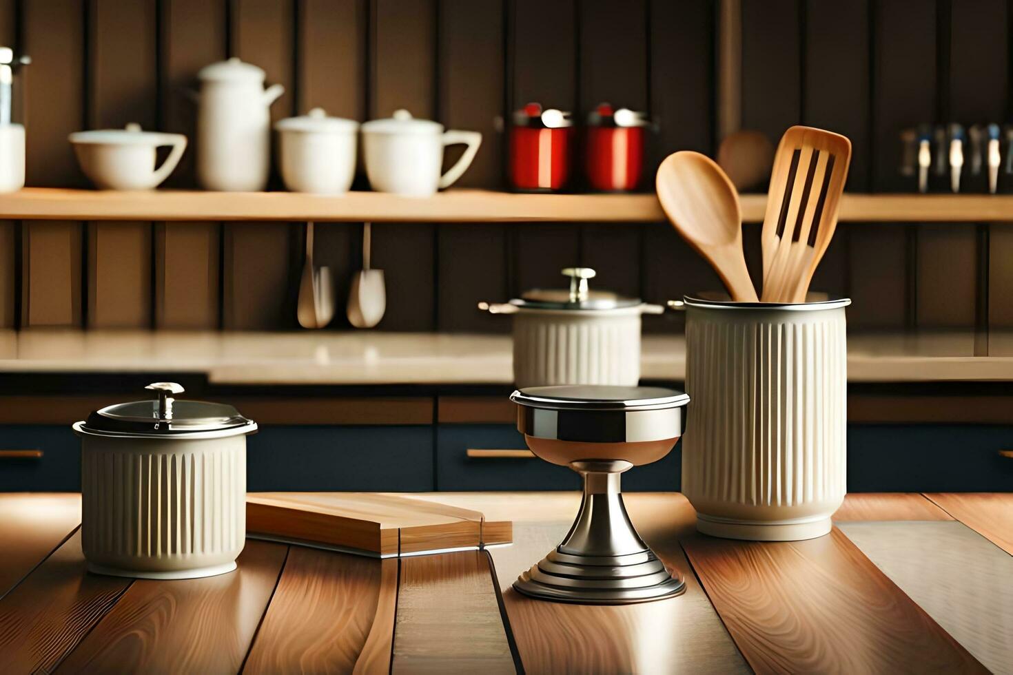 kitchen utensils on wooden table with wooden shelves. AI-Generated photo