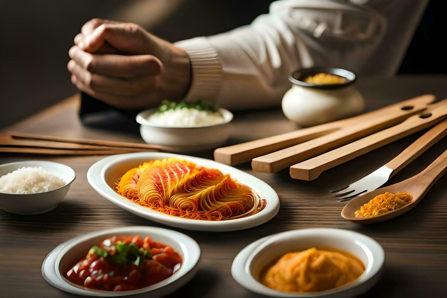a man is holding a bowl of food on a table. AI-Generated photo