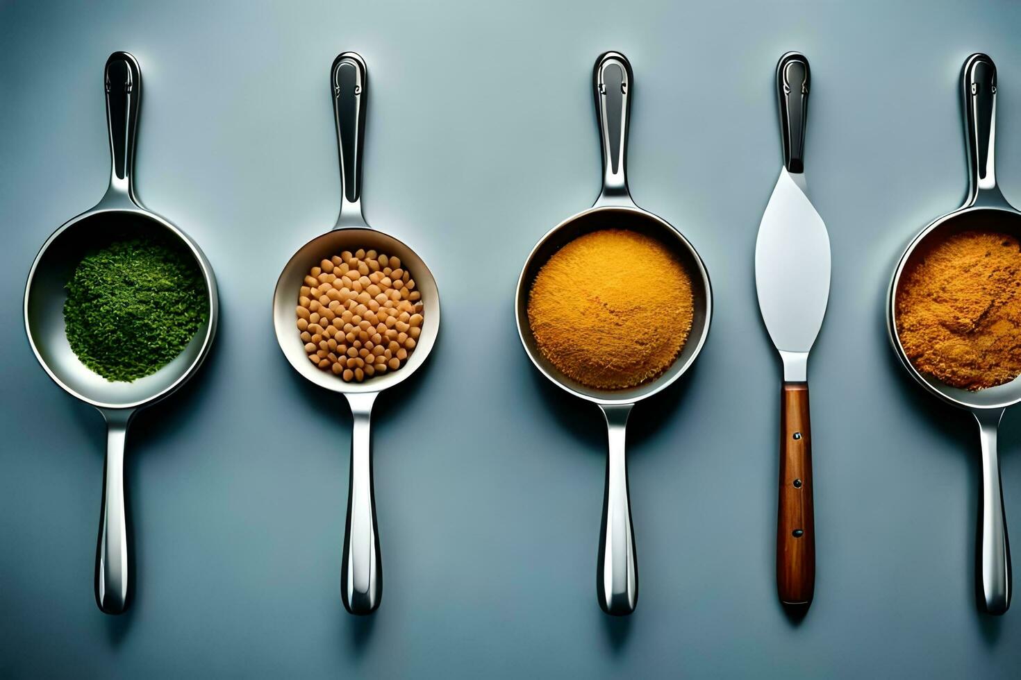 five spoons with different spices and seeds. AI-Generated photo