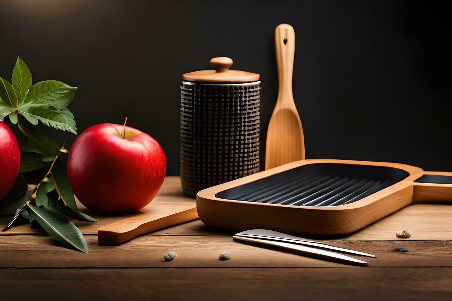 a wooden cutting board with apples and spices. AI-Generated photo