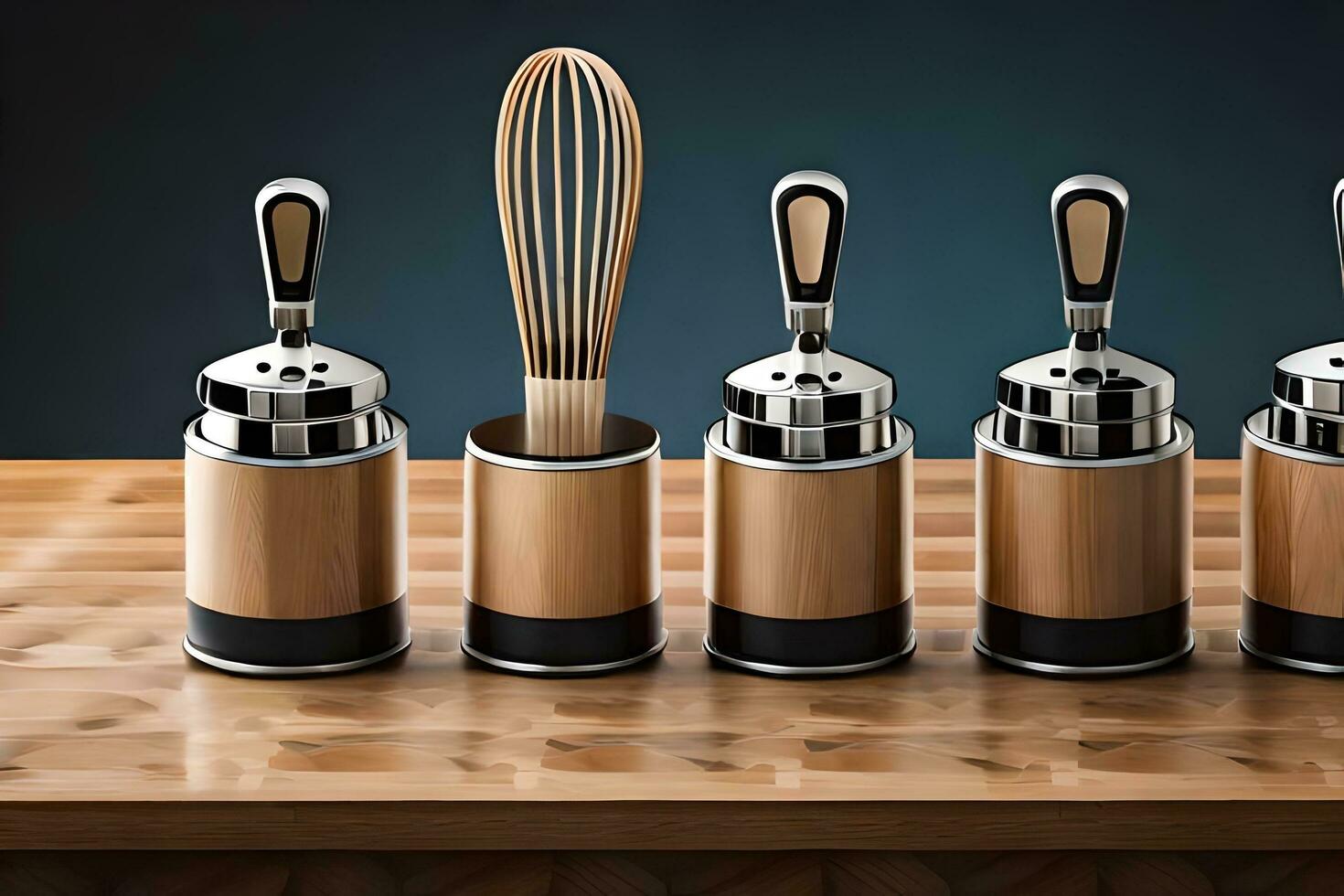 five different types of utensils are lined up on a table. AI-Generated photo