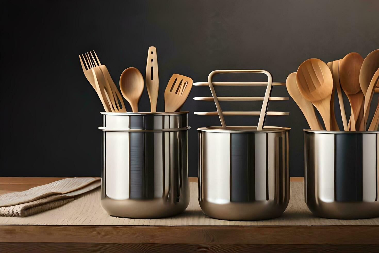 three stainless steel containers with wooden utensils. AI-Generated photo