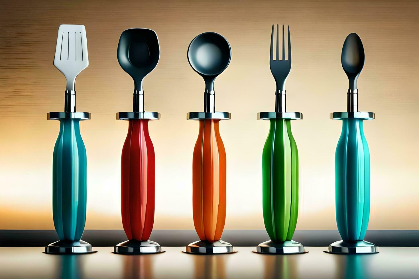 five colorful utensils are lined up in a row. AI-Generated photo