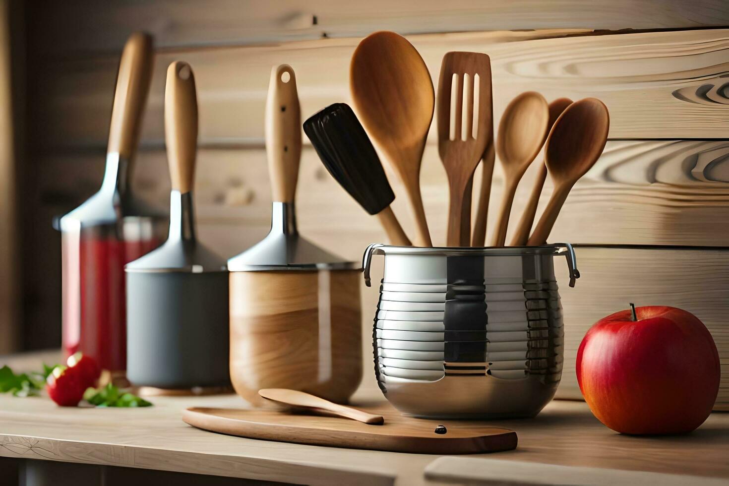 a wooden kitchen utensils and wooden spoons on a counter. AI-Generated photo