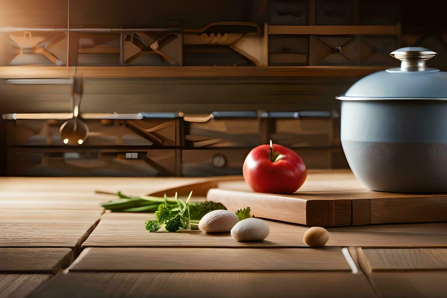 a kitchen with a pot and some vegetables. AI-Generated photo