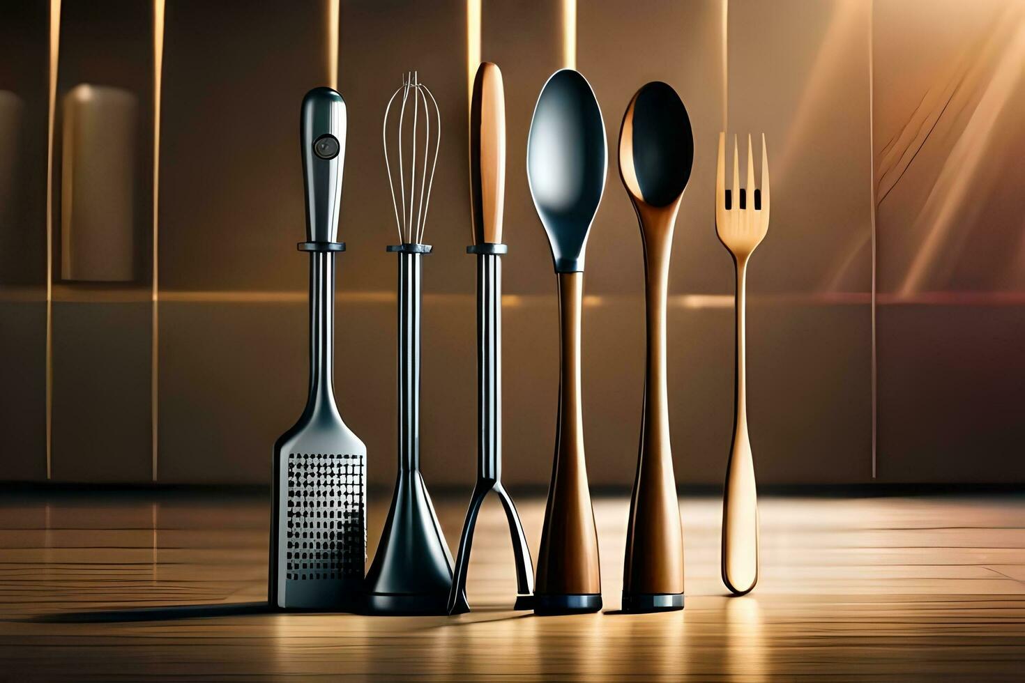 a group of kitchen utensils are shown in front of a wall. AI-Generated photo