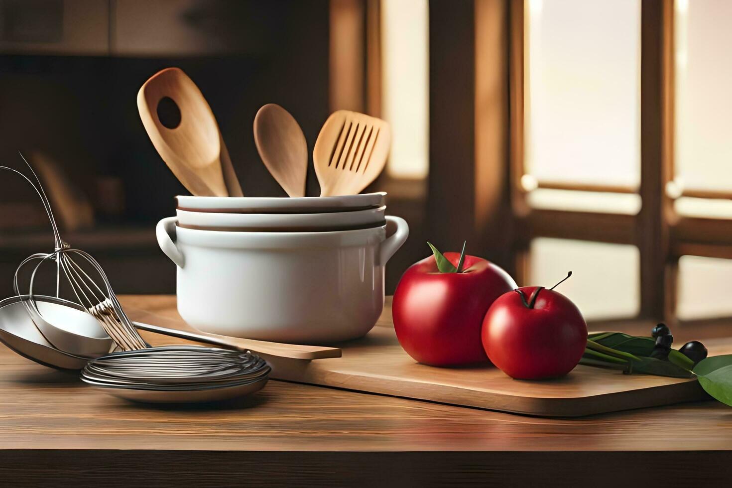 a kitchen table with utensils and tomatoes. AI-Generated photo
