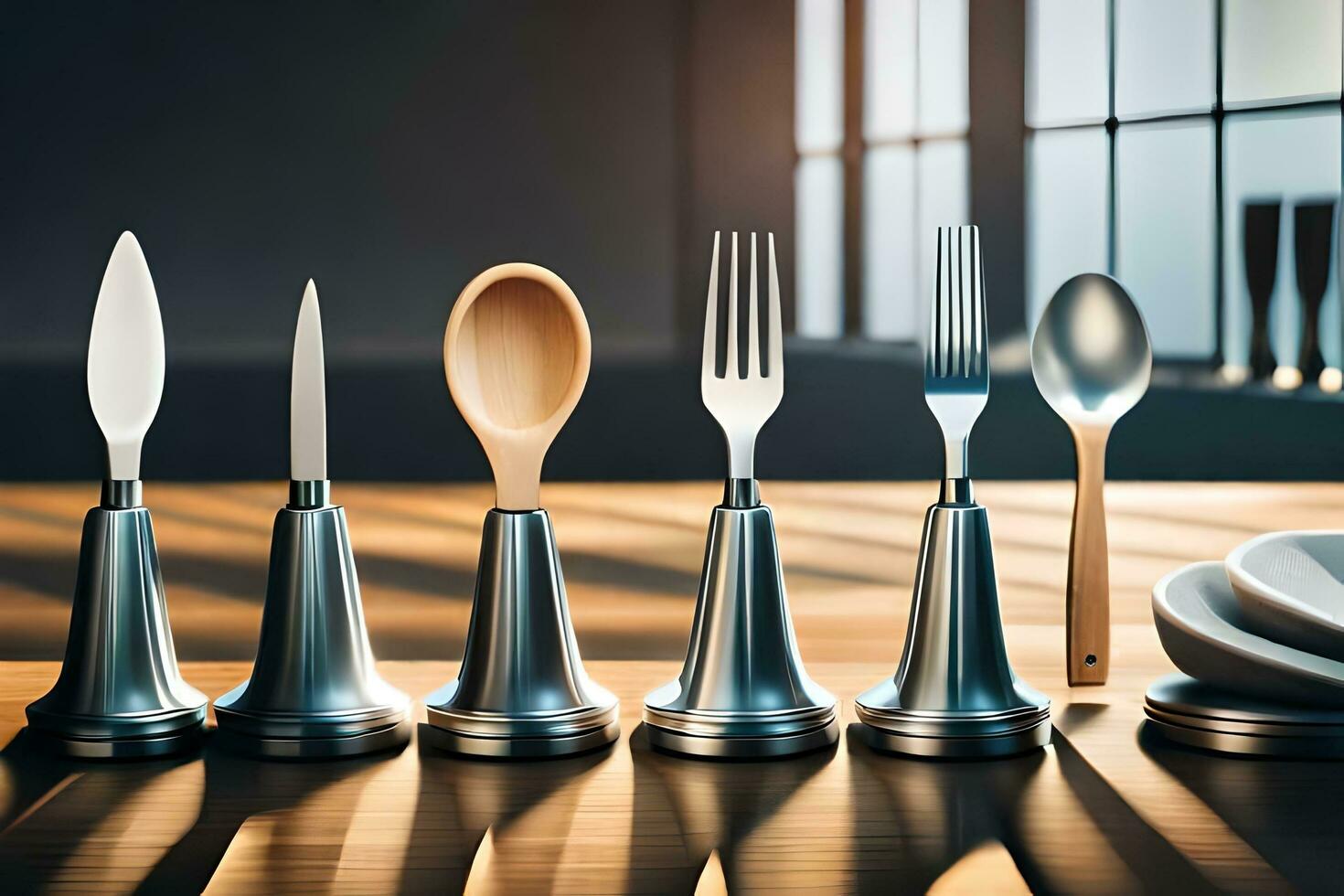 a set of silverware on a table with a window in the background. AI-Generated photo