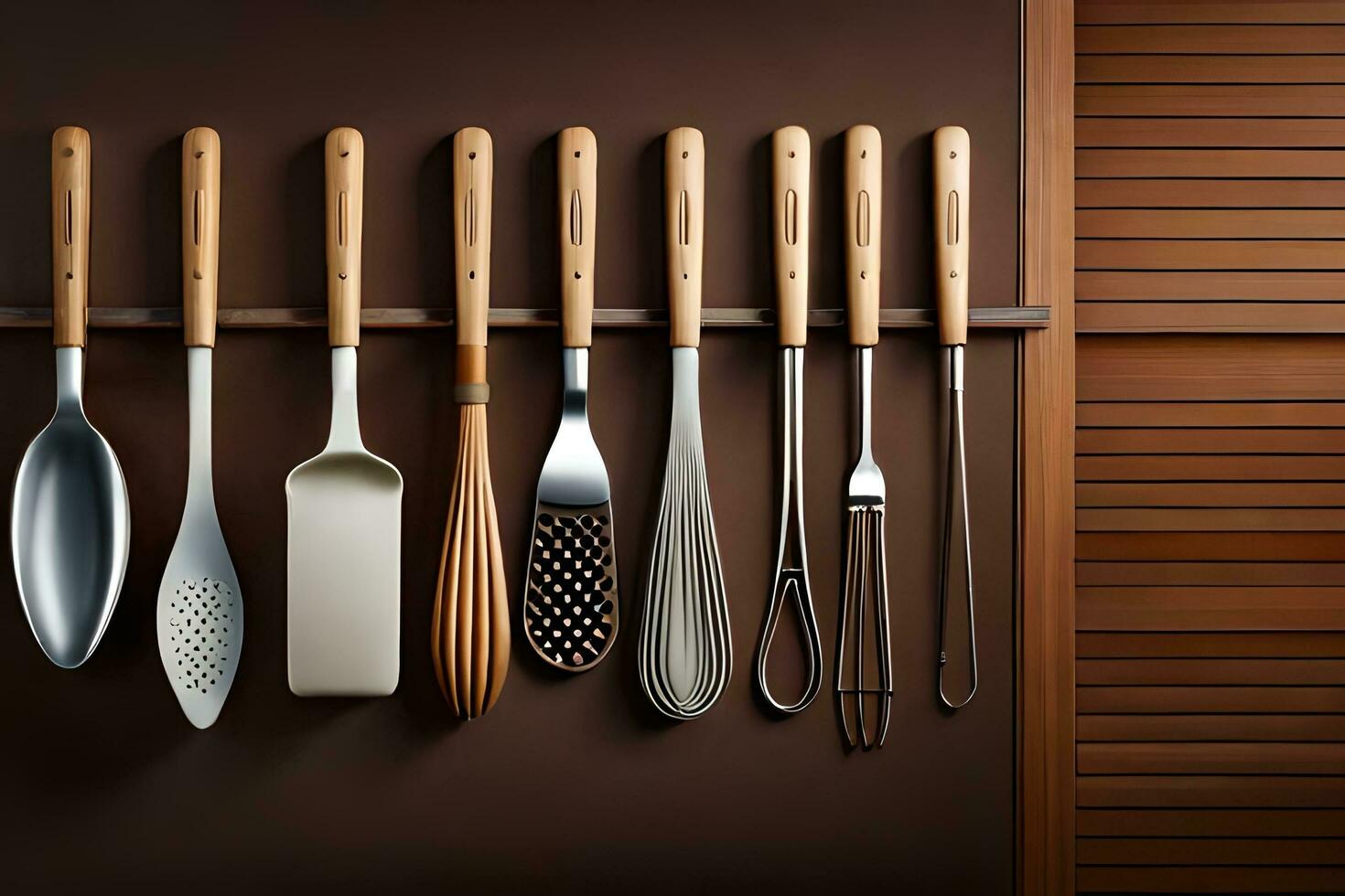 a group of utensils are hanging on a wall. AI-Generated photo