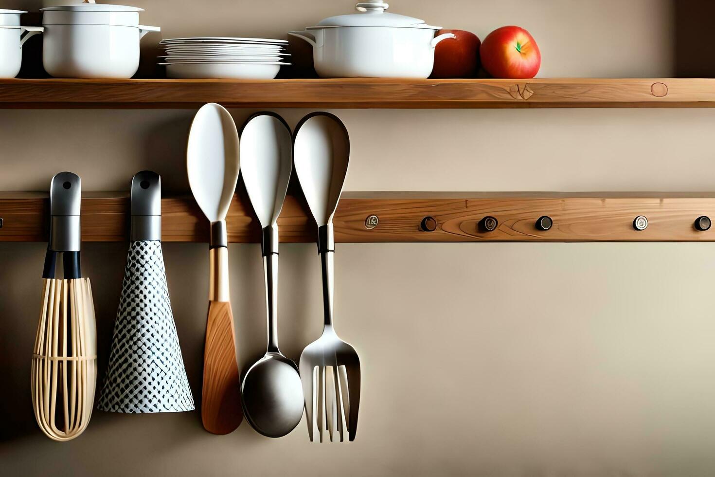 kitchen utensils on wooden shelf. AI-Generated photo