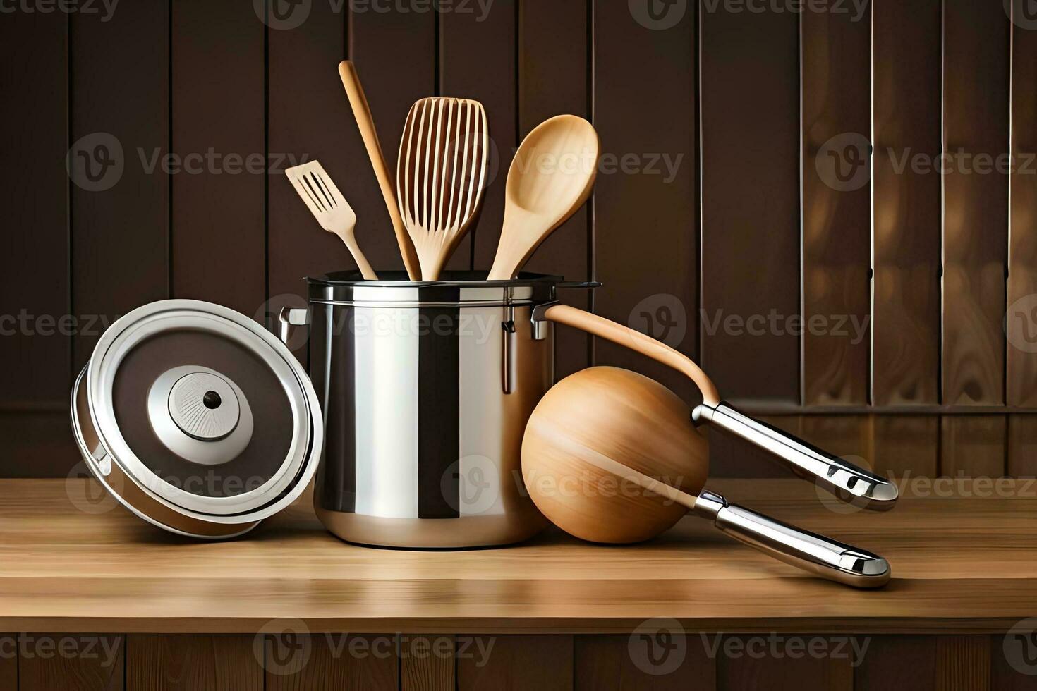 a wooden spoon, wooden spatula and wooden utensils are sitting on a table. AI-Generated photo