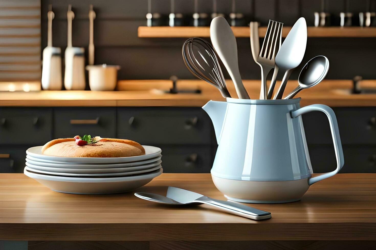 kitchen utensils on a table in a kitchen. AI-Generated photo