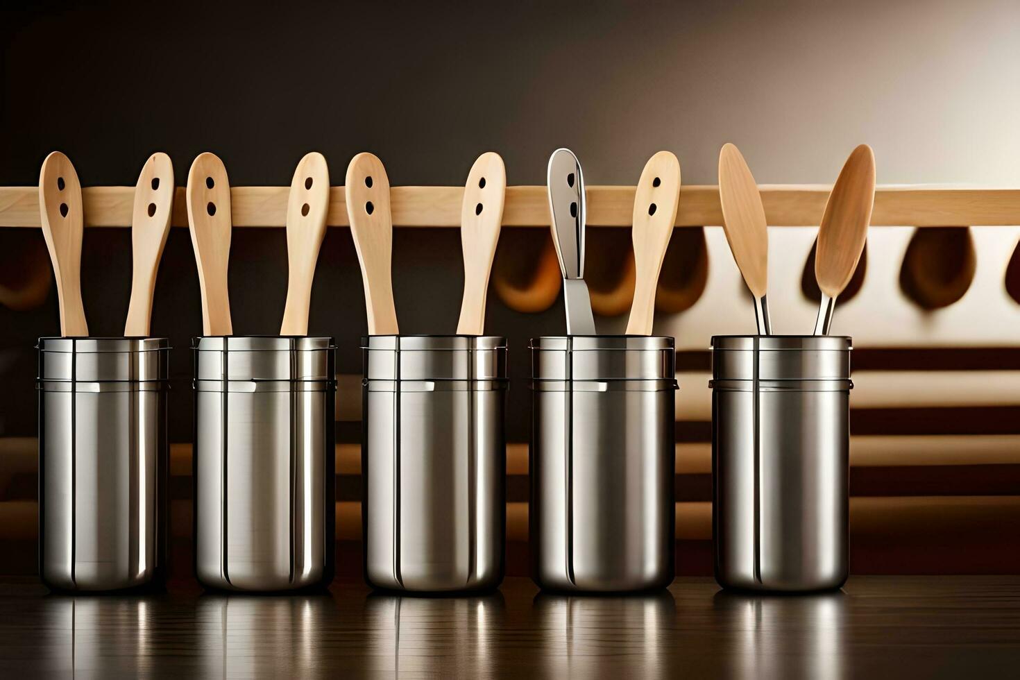 a row of stainless steel containers with wooden spoons. AI-Generated photo