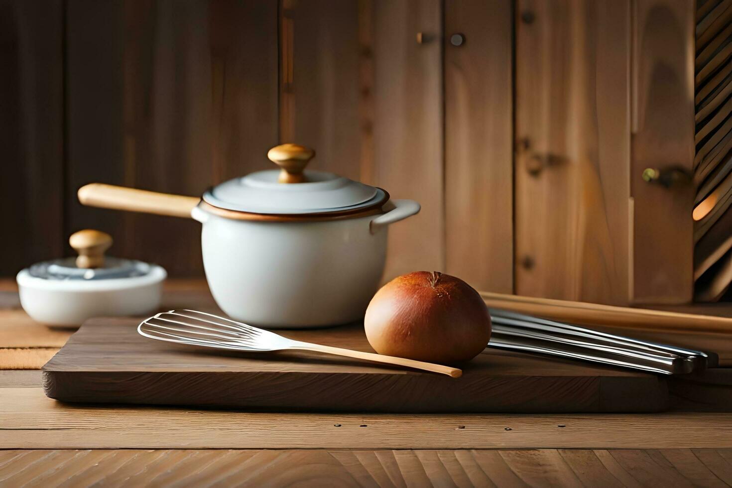 a wooden cutting board with utensils and an apple. AI-Generated photo