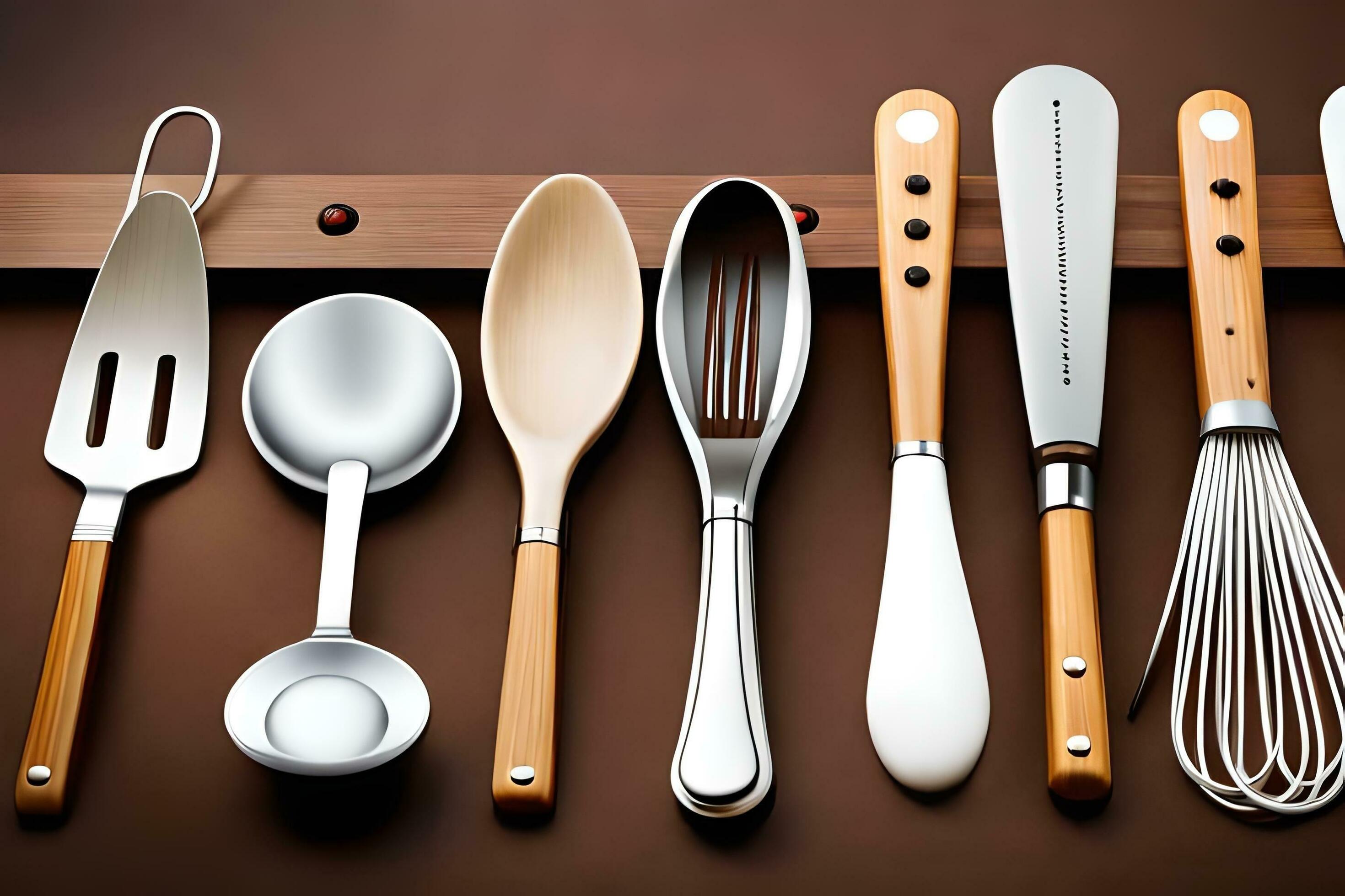 a group of different utensils are lined up on a shelf. AIGenerated
