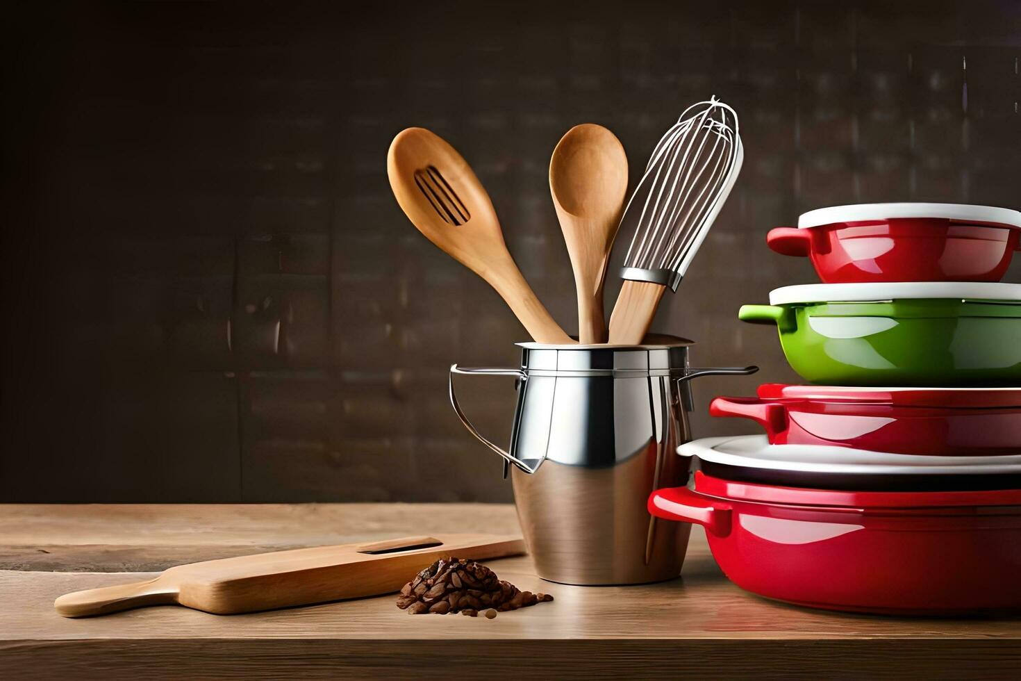 a stack of colorful pots and pans on a wooden table. AI-Generated photo