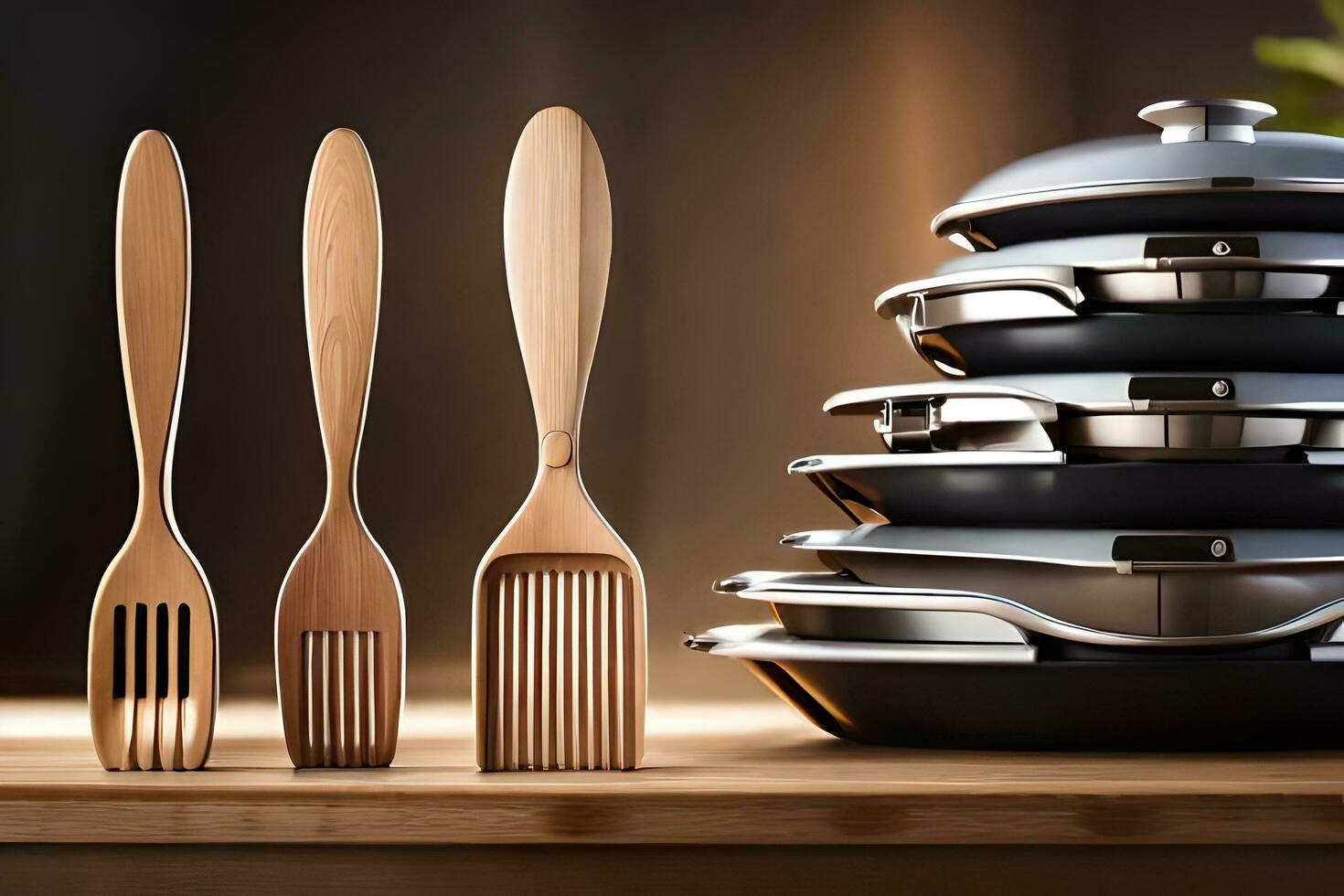 a stack of wooden utensils on a table. AI-Generated photo