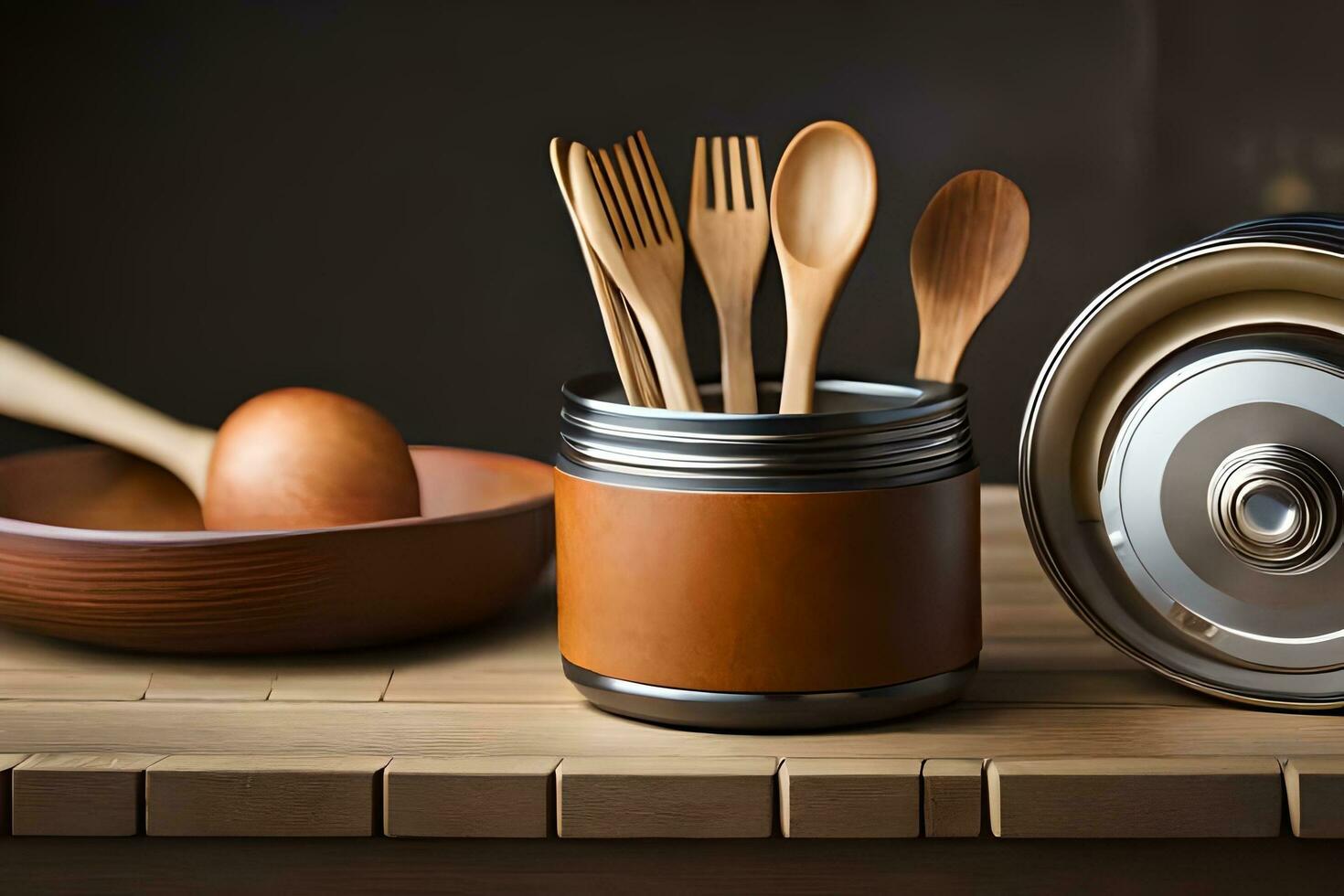 a wooden bowl, wooden spoon and wooden utensils sit on a table. AI-Generated photo