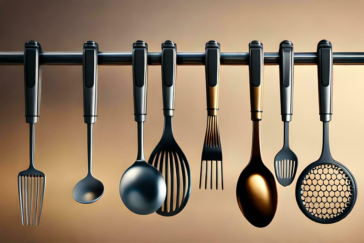 a group of utensils hanging on a metal rod. AI-Generated photo