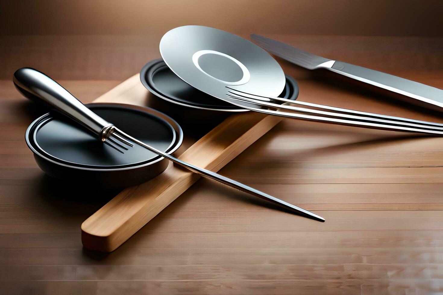 a set of silverware and a knife on a wooden table. AI-Generated photo