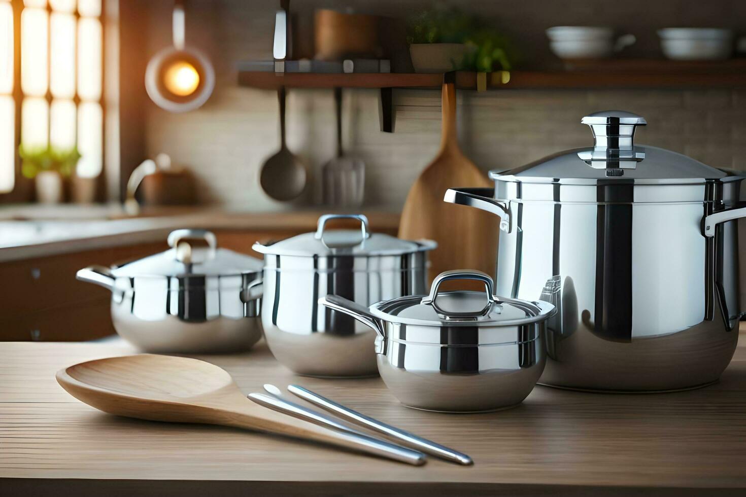 kitchenware on a wooden table with pots and pans. AI-Generated photo