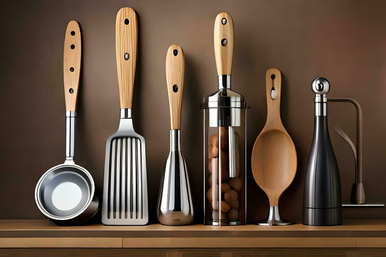 a group of kitchen utensils are lined up on a shelf. AI-Generated photo