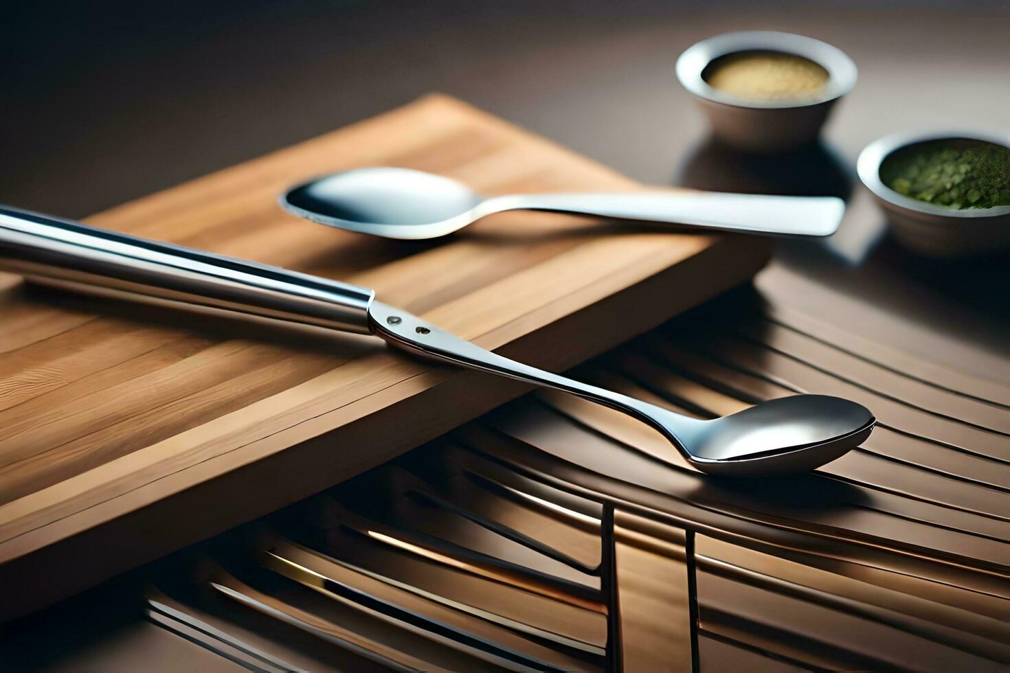 a wooden cutting board with two spoons and a bowl. AI-Generated photo