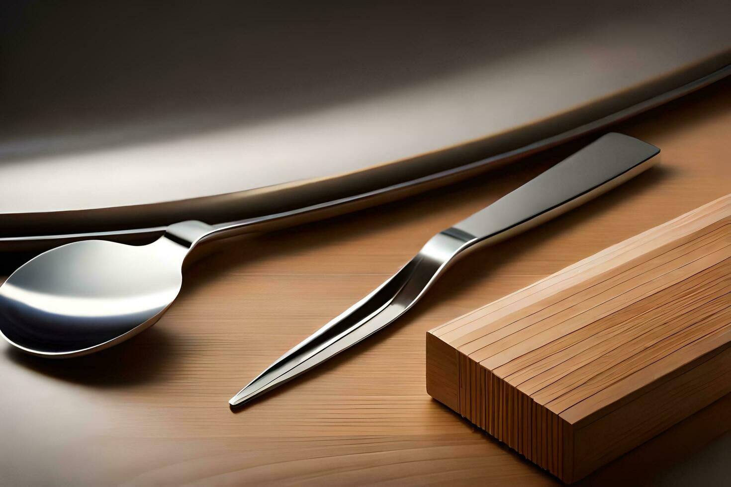 a spoon and fork sitting on top of a wooden table. AI-Generated photo
