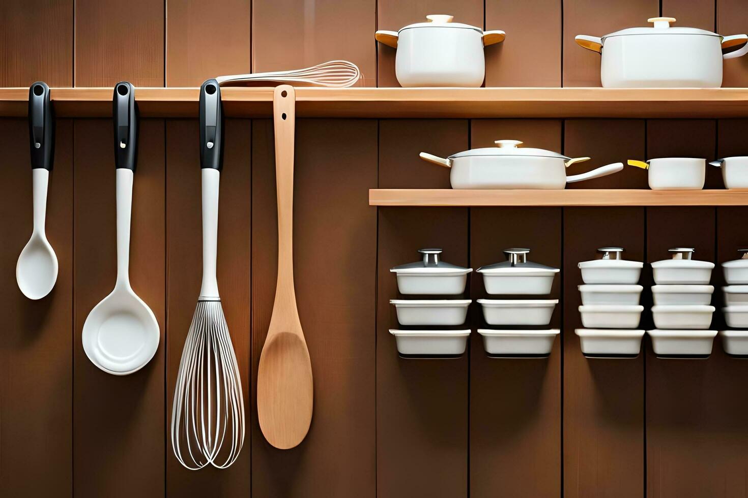 kitchen utensils on wooden shelves. AI-Generated photo
