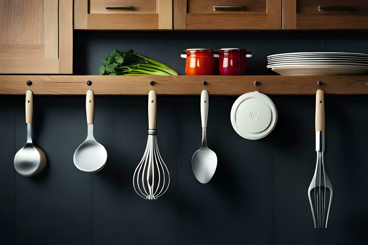 a kitchen with wooden utensils hanging on a wall. AI-Generated photo