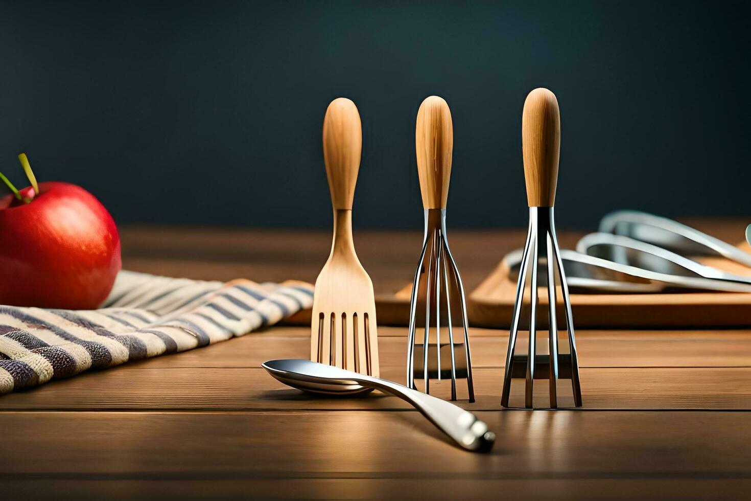 three forks and spoons sit on a table with an apple. AI-Generated photo