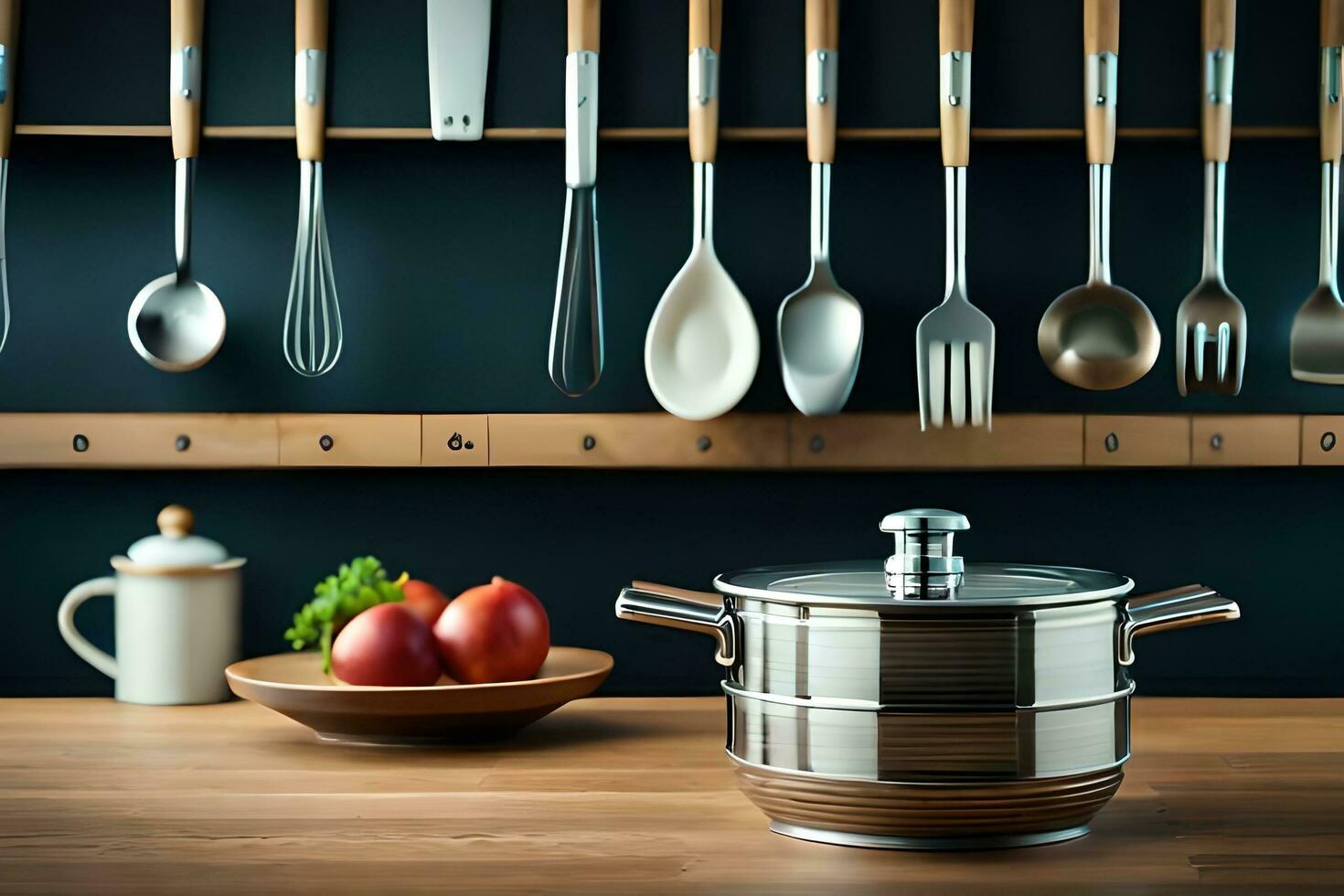 a kitchen with utensils and a pot on a shelf. AI-Generated photo
