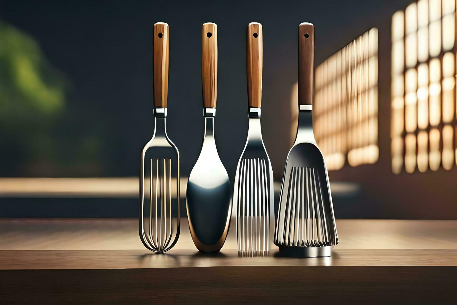 three different utensils are lined up on a table. AI-Generated photo