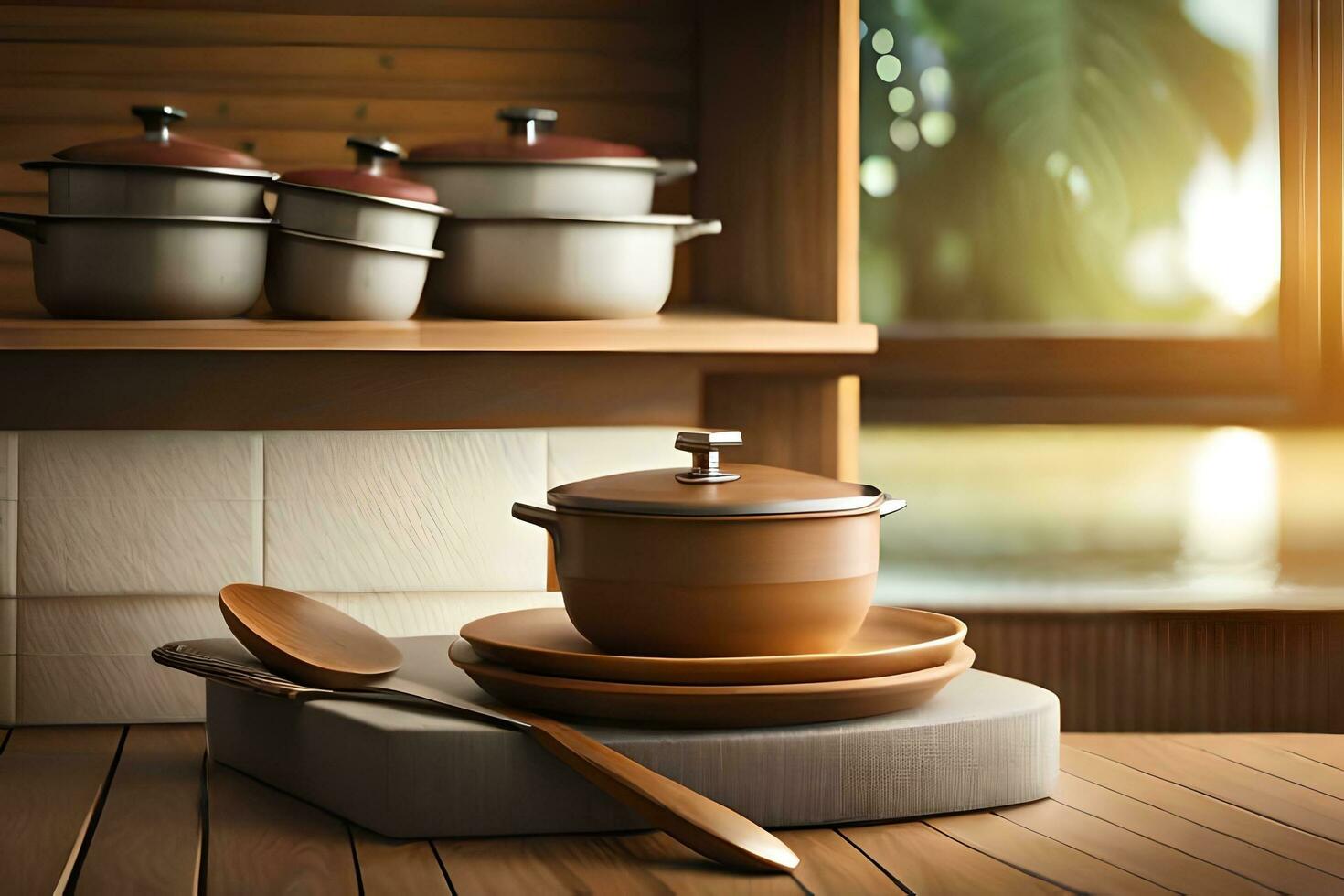 a kitchen with pots and pans on a table. AI-Generated photo