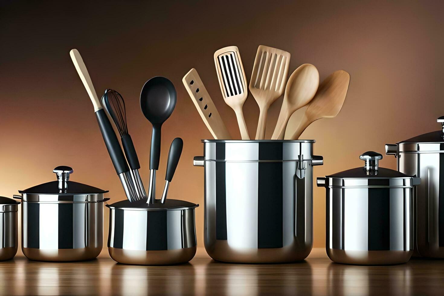 a group of stainless steel pots and pans. AI-Generated photo